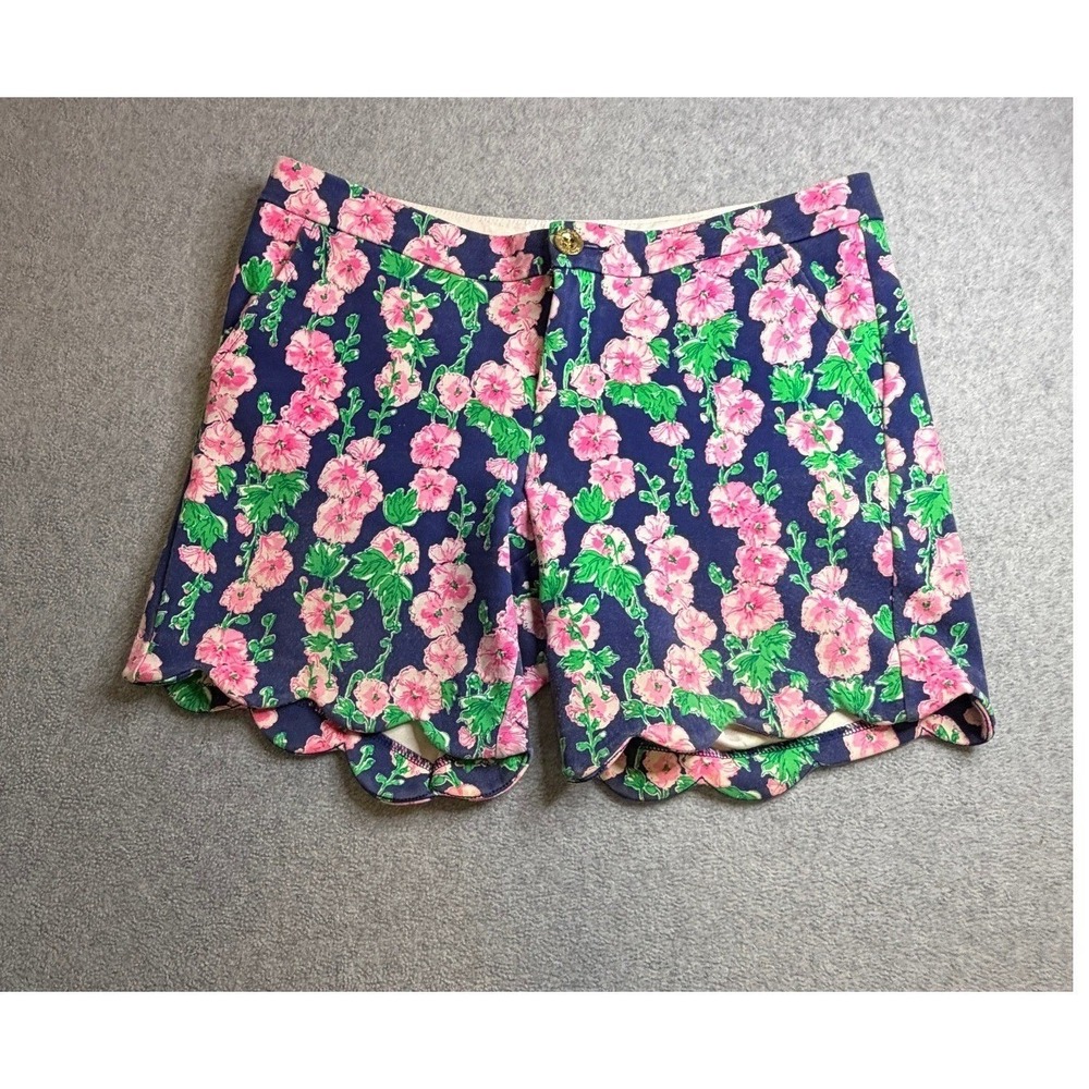 Lilly Pulitzer Buttercup Scallop Hem Shorts Navy Blue Pink Floral Stretch Size 6